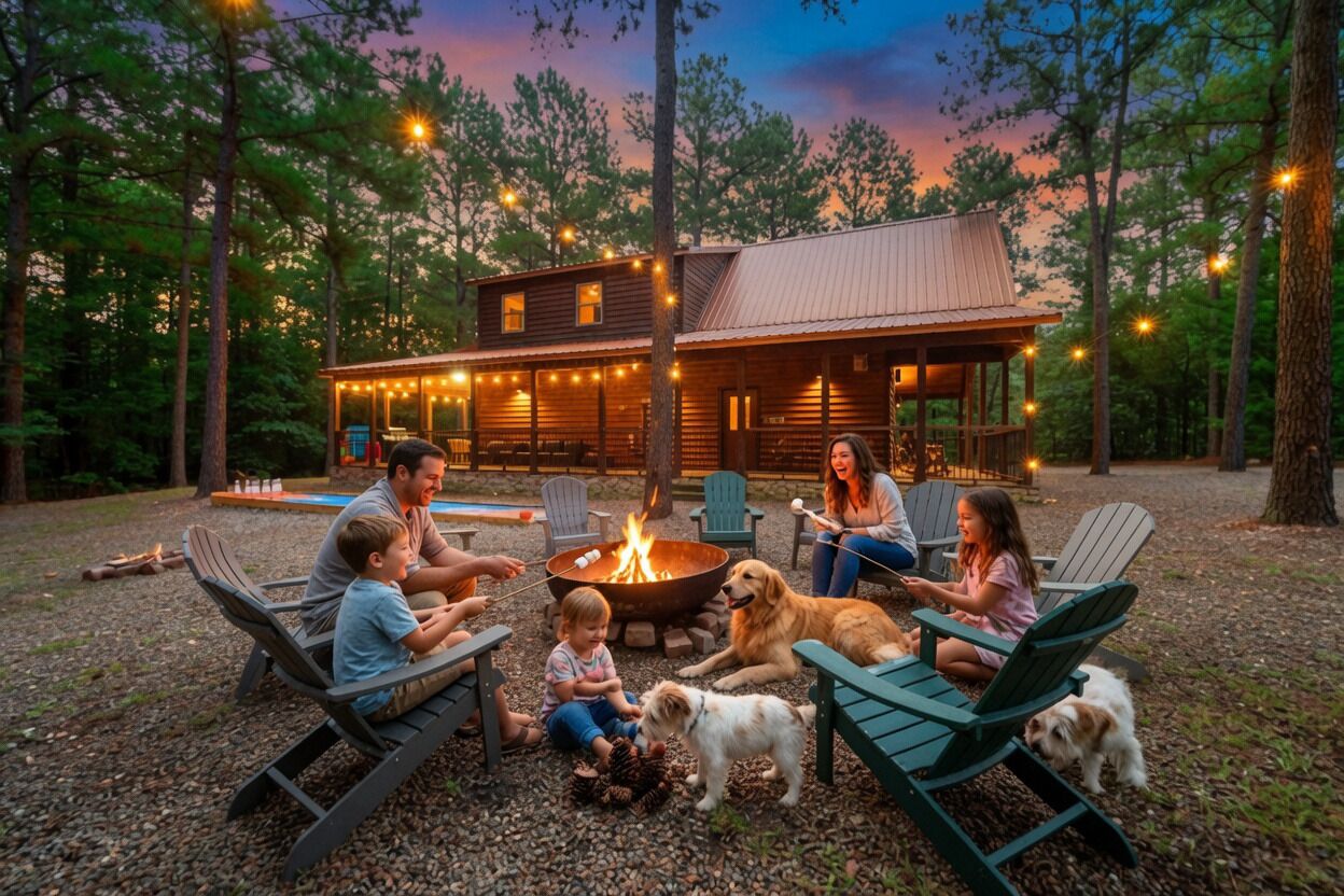 A family gathered around a fire pit in a wooded area with a cabin in the background.