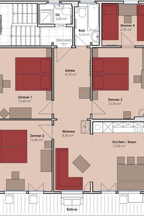 Ein Grundriss mit vier Schlafzimmern, einem Wohnzimmer, einer Küche und einem Balkon.