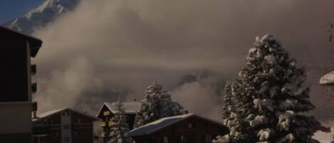 A snowy landscape with buildings and a large snow-covered tree.