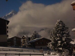 A snowy landscape with buildings and a large snow-covered tree.