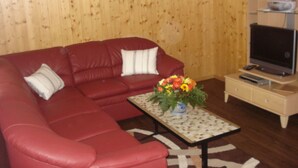 A red sofa, a television, a small table with a vase of flowers, and a wooden wall. - Chalet Petunia, (Grächen), 1116 by Interhome (Grächen)