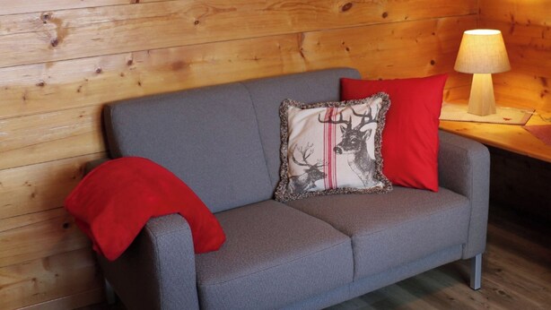 L’intérieur d’un chalet en bois, avec un canapé gris, des coussins rouges à motifs, une lampe posée sur une table d’appoint en bois et un tableau encadré accroché au mur.