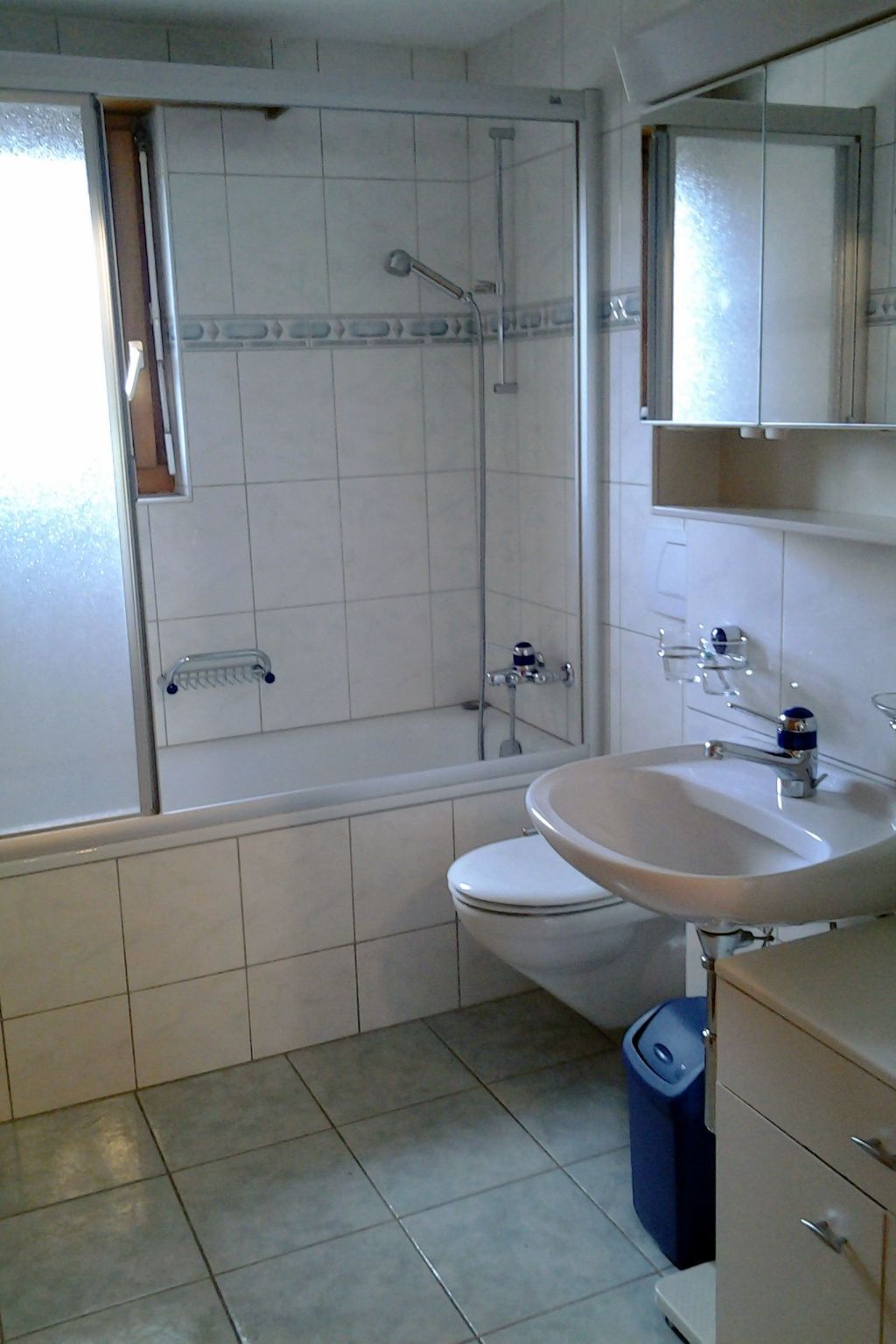 Un baño con ducha, inodoro, lavamanos y un espejo sobre el lavamanos.