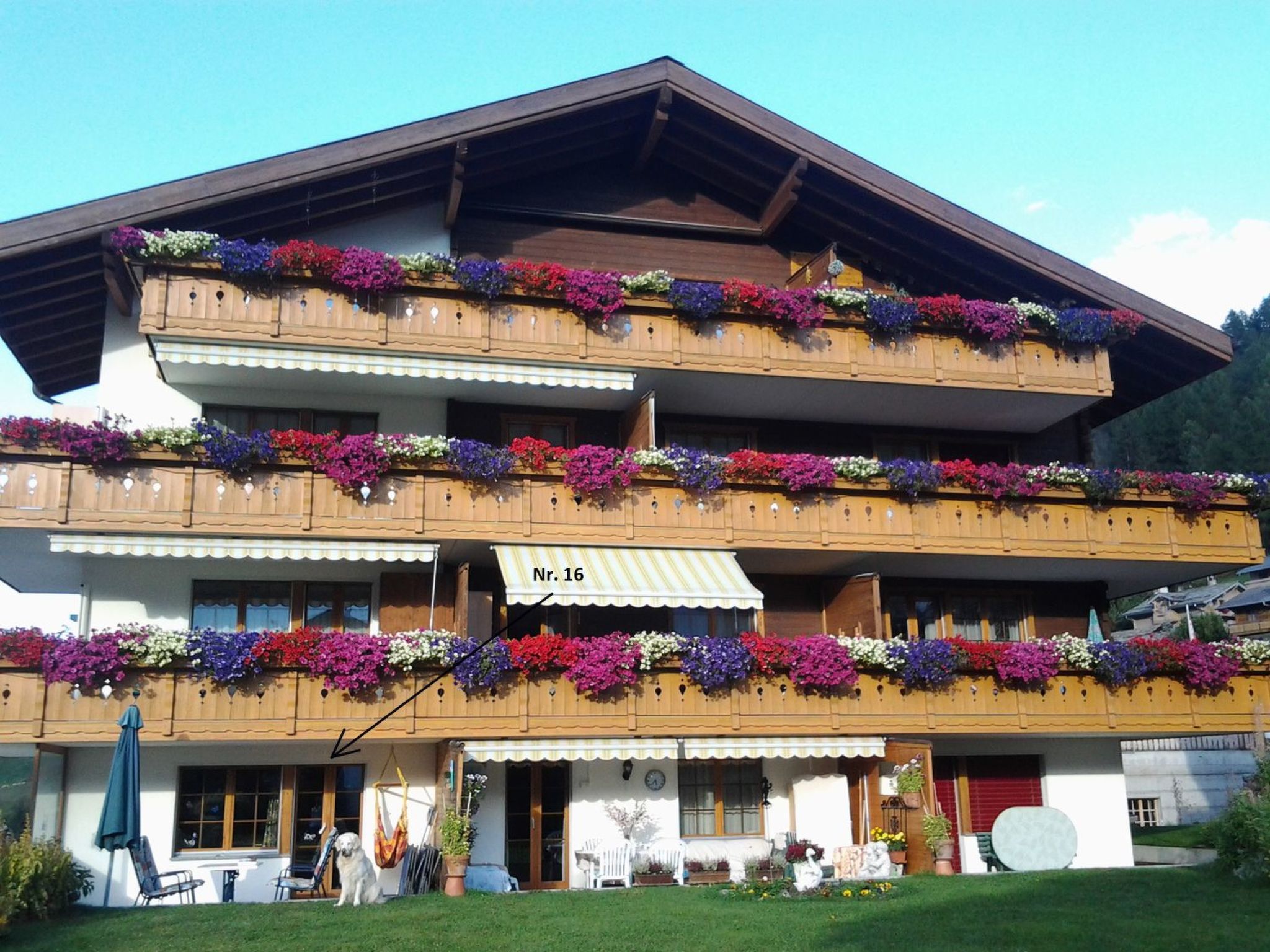 A multi-story building with balconies adorned with colorful flowers, a sign indicating room number 16, and a well-maintained lawn.