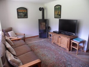 Ein Wohnzimmer mit einer Couch, einem Fernseher, einem Kamin und einem Teppich.