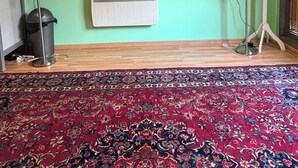 Una habitación con pared verde, un televisor de pantalla plana montado, un calefactor portátil, alfombra estampada y un cesto de basura.