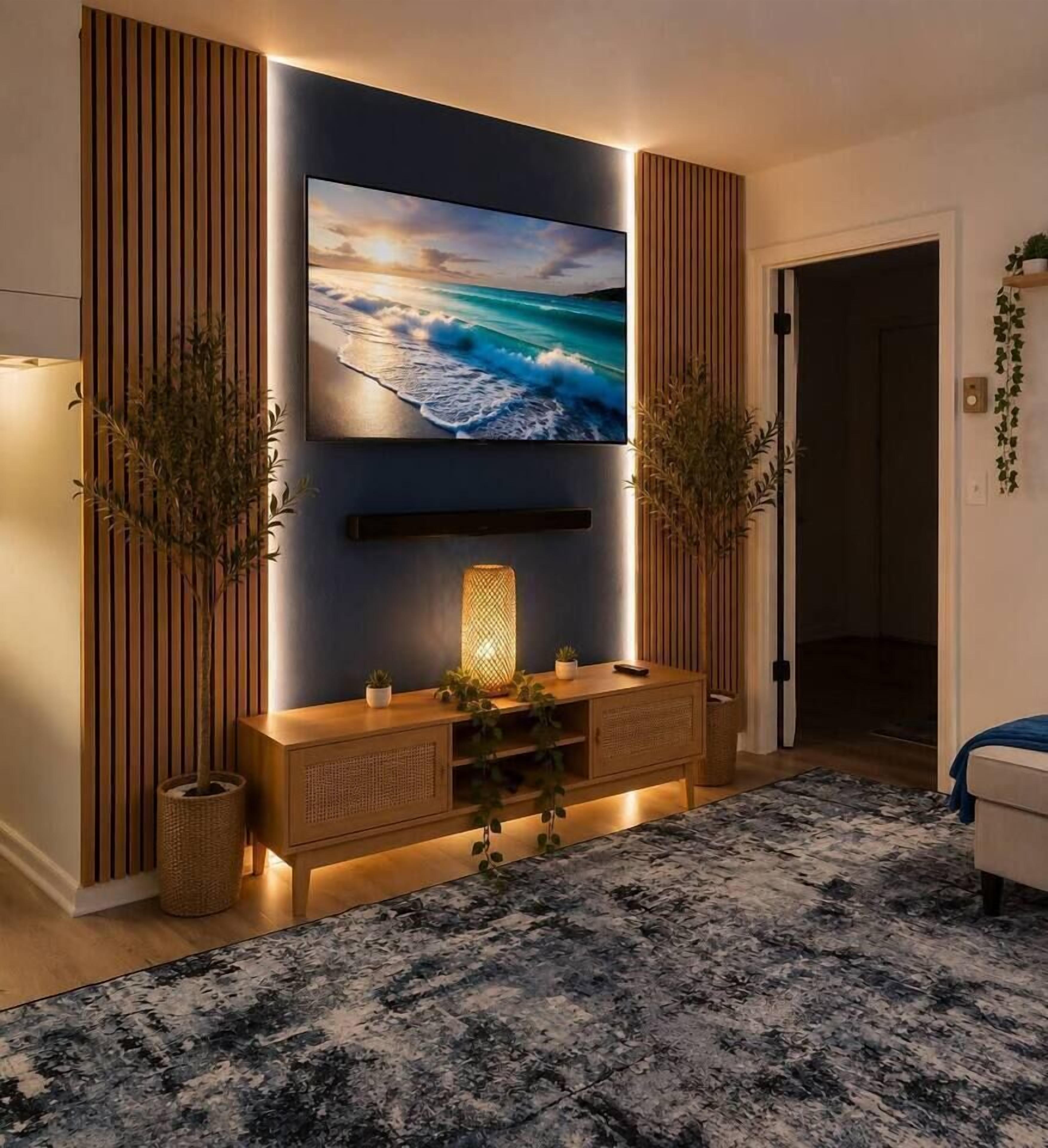 A living room with a flat-screen TV mounted on the wall, a wooden console table, a patterned rug, and a door leading to another room.