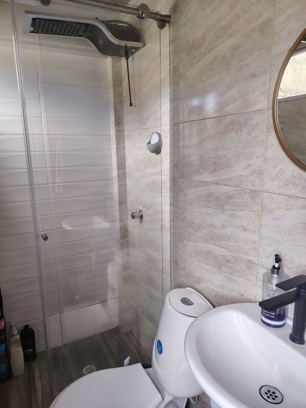 A bathroom with a shower, toilet, sink, and a mirror.