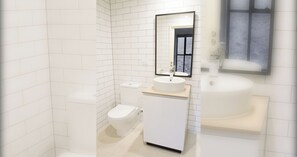 A modern bathroom with white tiles, a toilet, a sink, and a mirror. - Charming 2BDR Apartment in Richmond close to MCG (Richmond)