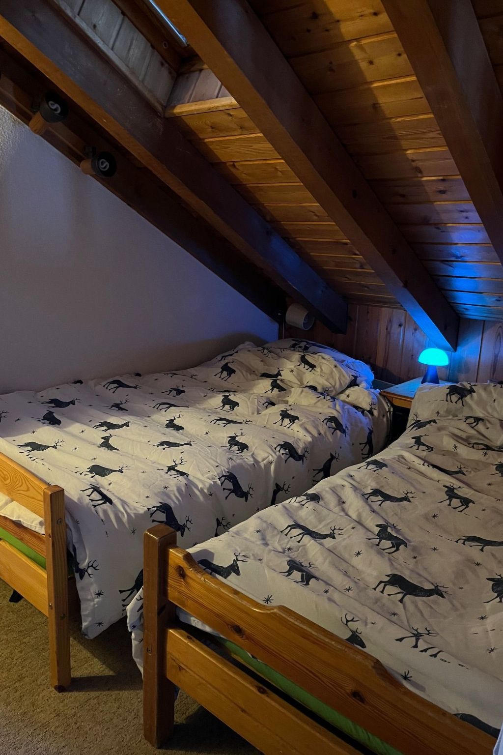 Une petite chambre mansardée, chaleureuse et accueillante, avec deux lits en bois, un plafond en pente et une seule source de lumière.