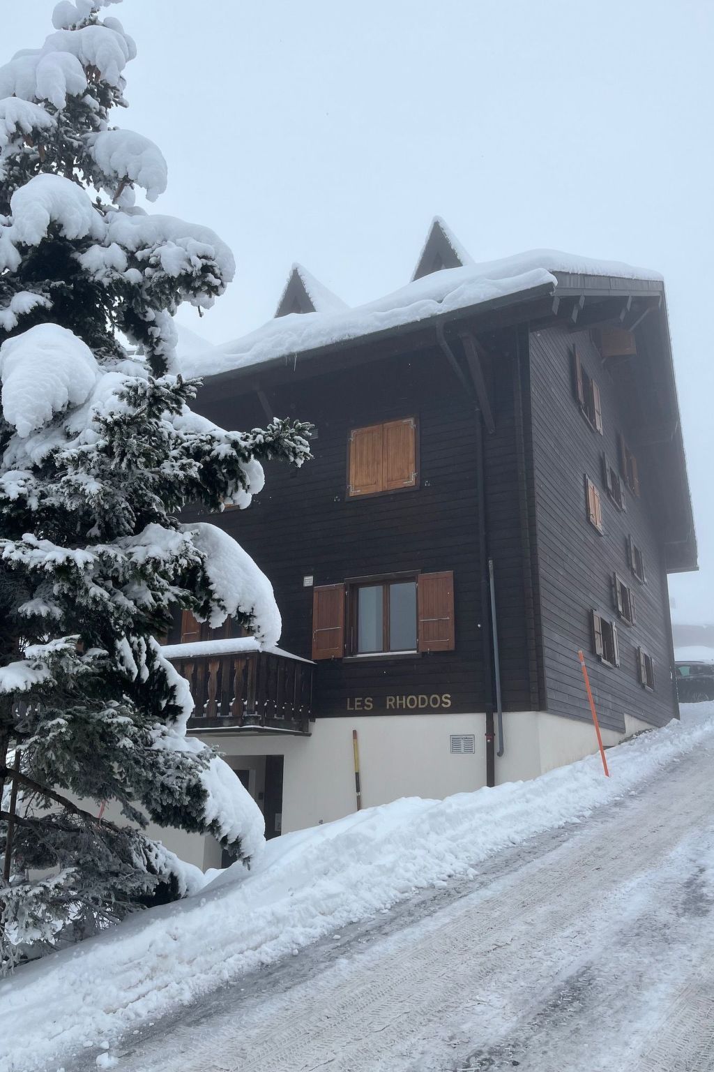 A multi-story building with a sign reading 'LES RHODES' and a snow-covered landscape.