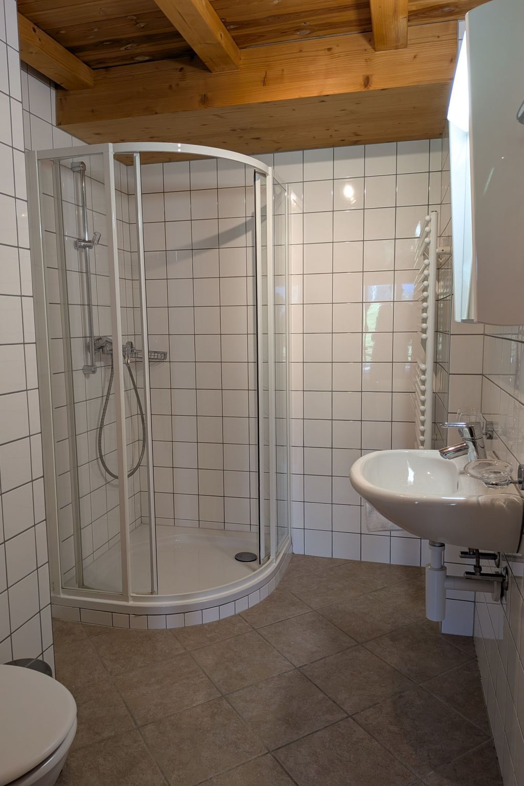 Une salle de bain avec une douche à parois de verre, un lavabo blanc et des toilettes.