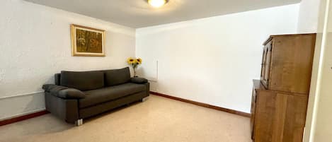 A room with a dark-colored sofa, a wooden cabinet, and a ceiling light.