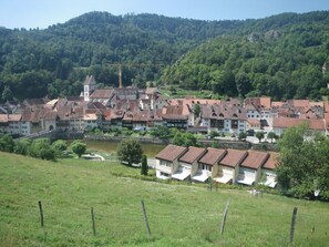 A town with traditional architecture, a river, and a hill in the background. - Appartements - Centre NatUrsanne, (St-Ursanne), by Interhome (Saint-Ursanne)