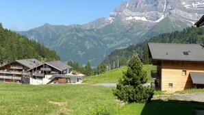 Eine Berglandschaft mit einem Haus und einem Gebäude im Vordergrund.