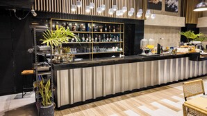 Un área de bar con mostrador, estantes llenos de botellas y plantas en macetas.