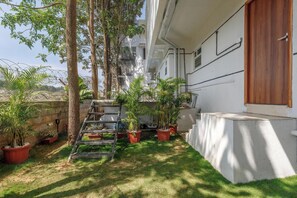 A residential building with a concrete staircase, potted plants, and a ladder.