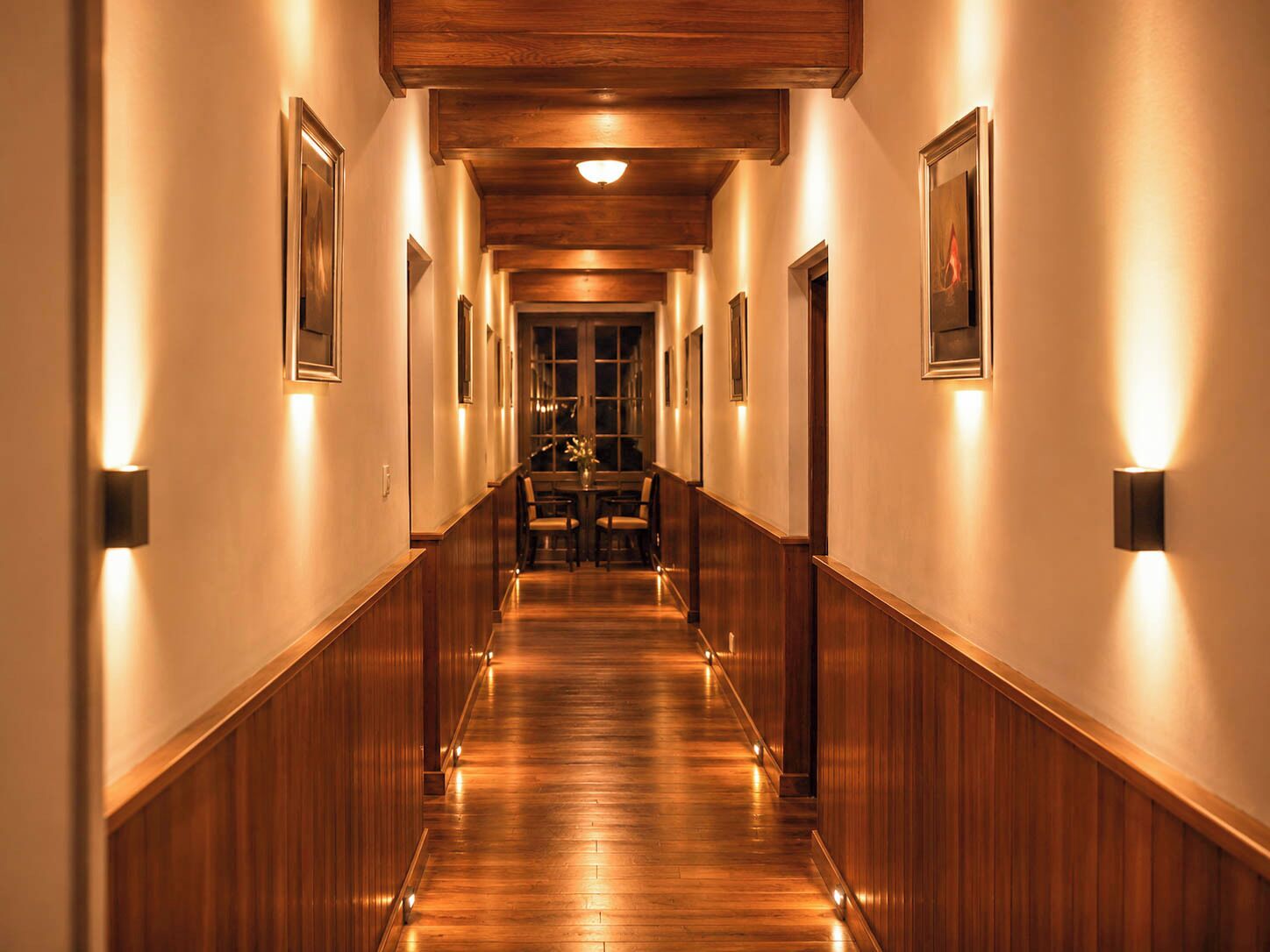 A hotel hallway with wooden paneling, framed artwork on the walls, and a dining area at the end.