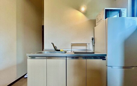 A compact kitchen with a sink, a microwave, and a refrigerator.