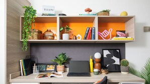 Un escritorio con una computadora portátil, libros, una planta y adornos.