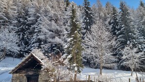 Une cabane rustique aux murs de pierre, entourée d’arbres couverts de neige et d’une clôture en bois.