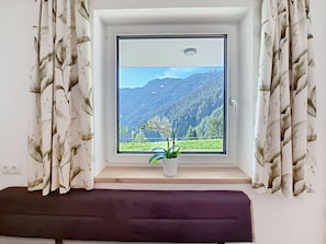Finestra amb vista a un paisatge de muntanya, una planta en test i una cadira al davant.
