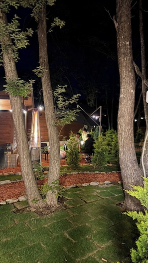 A nighttime view of a building with a visible heater, surrounded by trees and a well-maintained lawn. - mokku (Nasu)