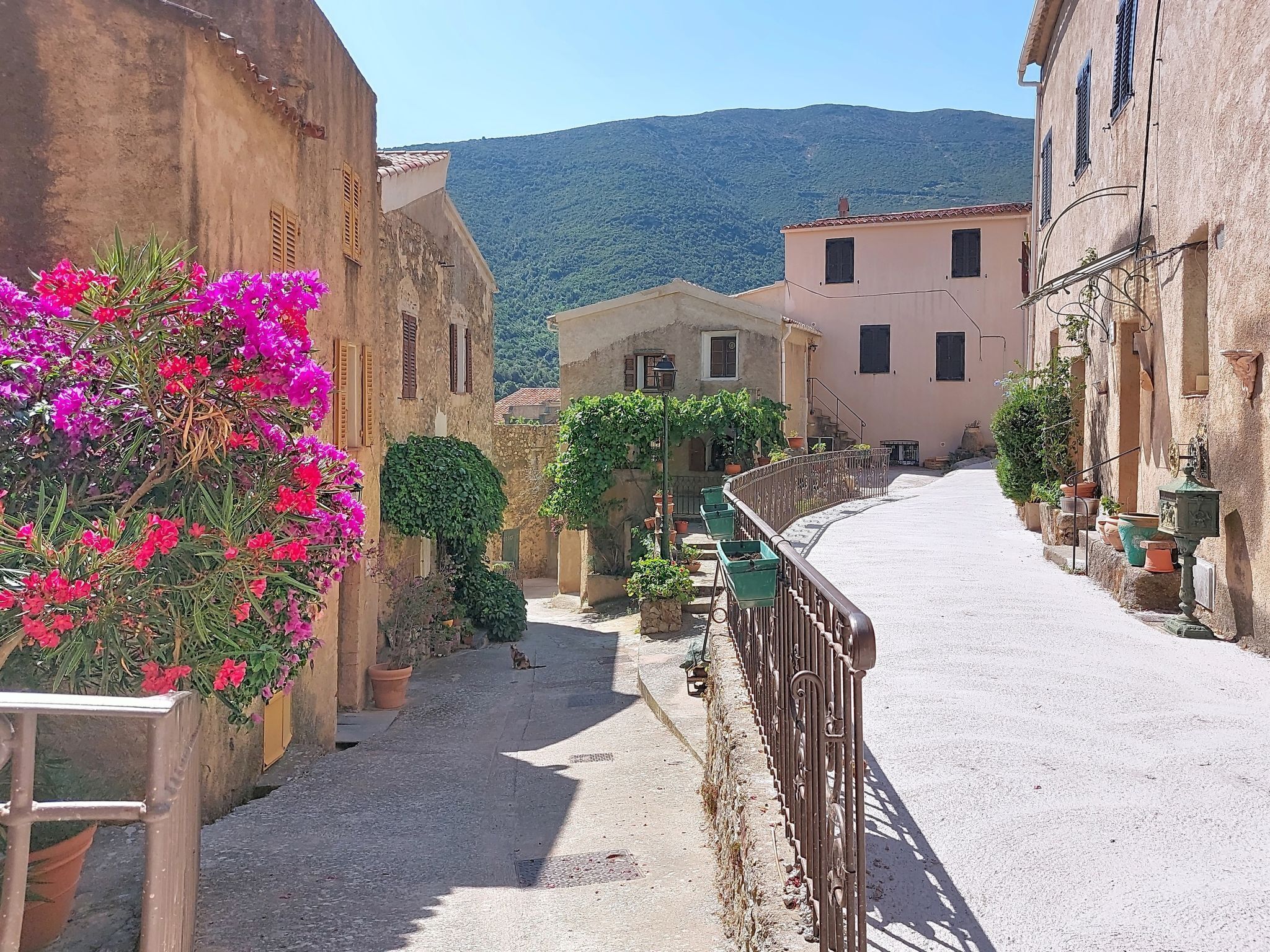 A narrow street with buildings on either side, a clear sky, and a mountain in the background.