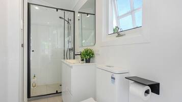 Shower, hair dryer, towels, soap
