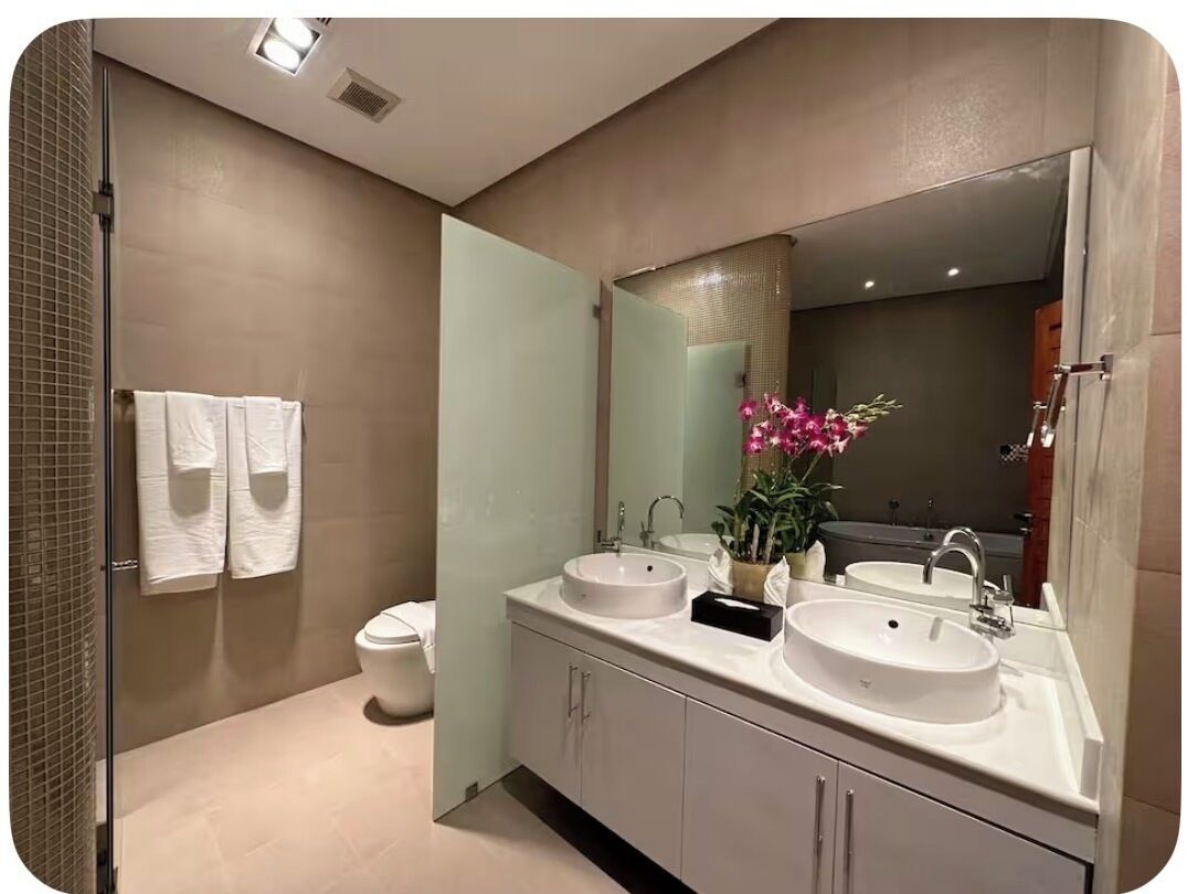 Hair dryer, towels, soap, toilet paper