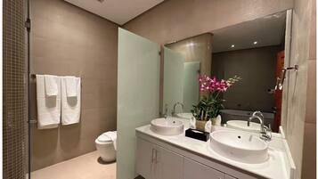 Hair dryer, towels, soap, toilet paper