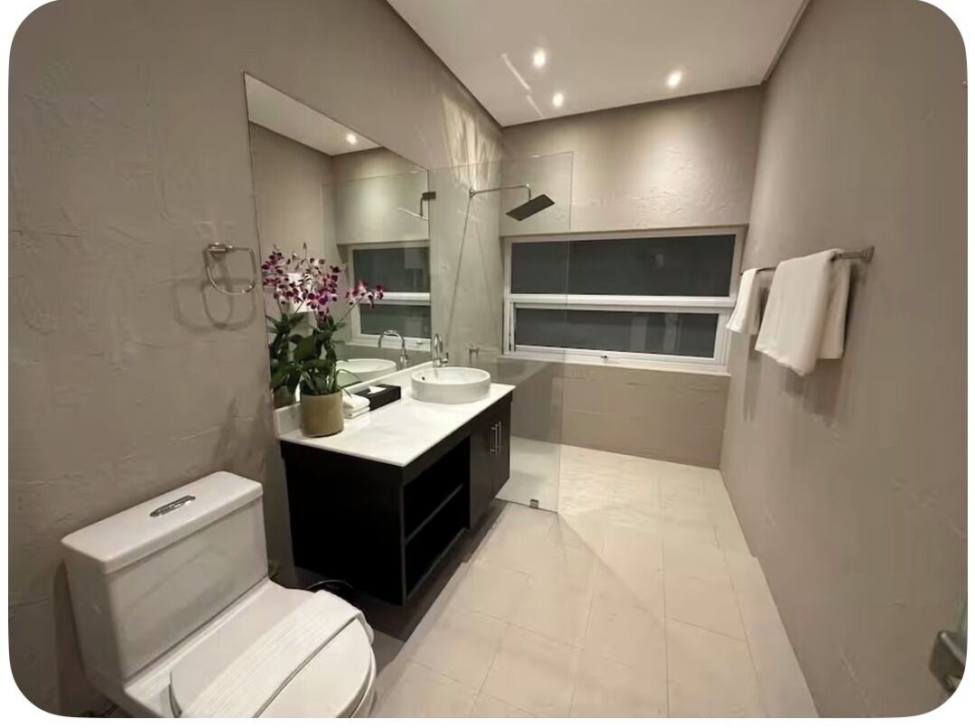 Hair dryer, towels, soap, toilet paper