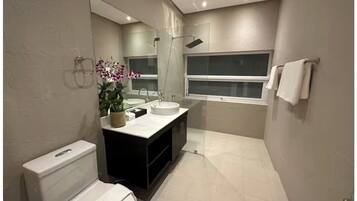 Hair dryer, towels, soap, toilet paper