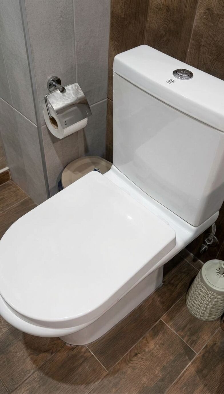 Sanitário branco com um suporte para toalhas de papel à esquerda e um rolo de papel higiênico no chão.
