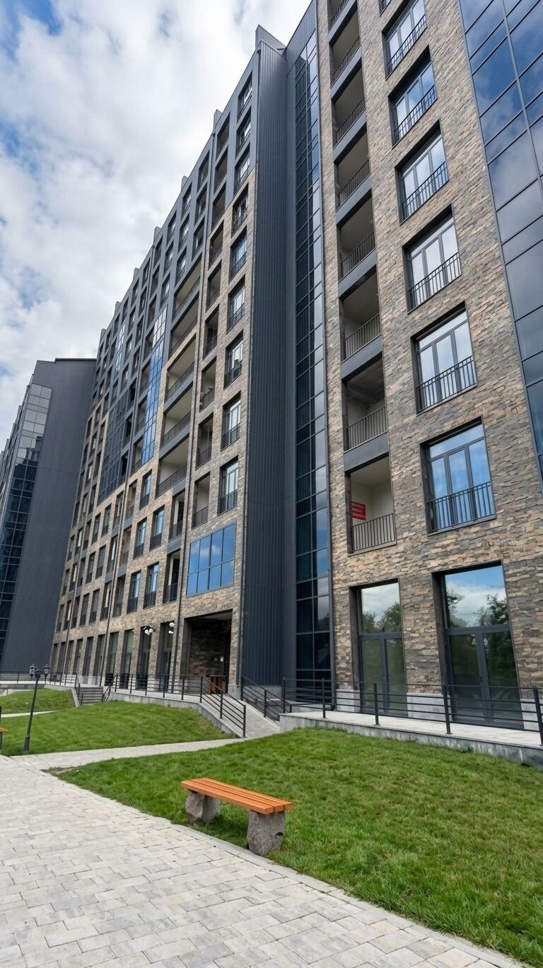 Un edificio residencial de varios pisos con un diseño arquitectónico moderno, que cuenta con balcones, ventanas amplias y un sendero pavimentado con un banco.