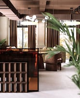 Un interior moderno con comedor, ventanas amplias y una planta.