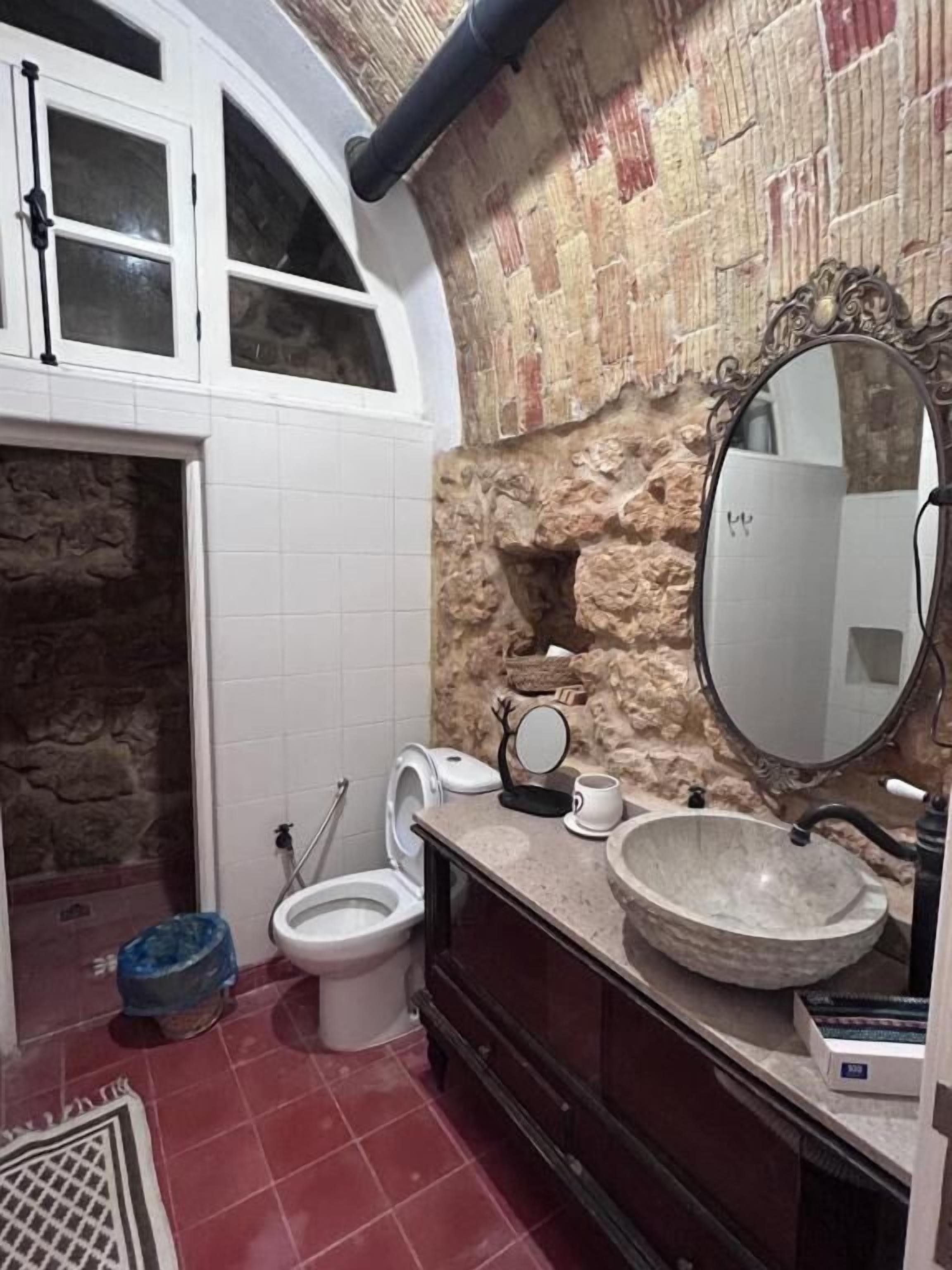 A bathroom with a stone wall, a white toilet, a sink with a marble basin, and a large mirror.