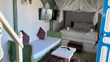 A room with a green sofa, a white bed with a canopy, a television mounted on the wall, and a patterned rug.