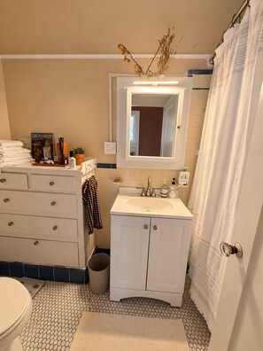 Een badkamer met een wit wastafelmeubel, spiegel en wastafel. Handdoekrek met handdoeken, een prullenbak en een kleine potplant.