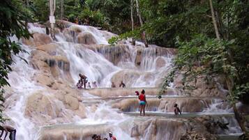 A natural waterfall with multiple tiers, surrounded by lush greenery.