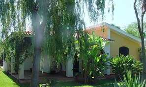 A single-story building with a porch, surrounded by lush greenery and trees. - Detached house, 2.000m² with garden, orchard. Four-room apt 123m², ground floor. (Arenella)