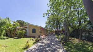A pathway leading to a building with a yellow facade, surrounded by greenery and potted plants. - Detached house, 2.000m² with garden, orchard. Four-room apt 123m², ground floor. (Arenella)