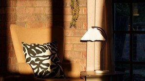 Een stoel met een gekleurd kussen, een lamp en een hangplant in een kamer met bakstenen muren en een raam.