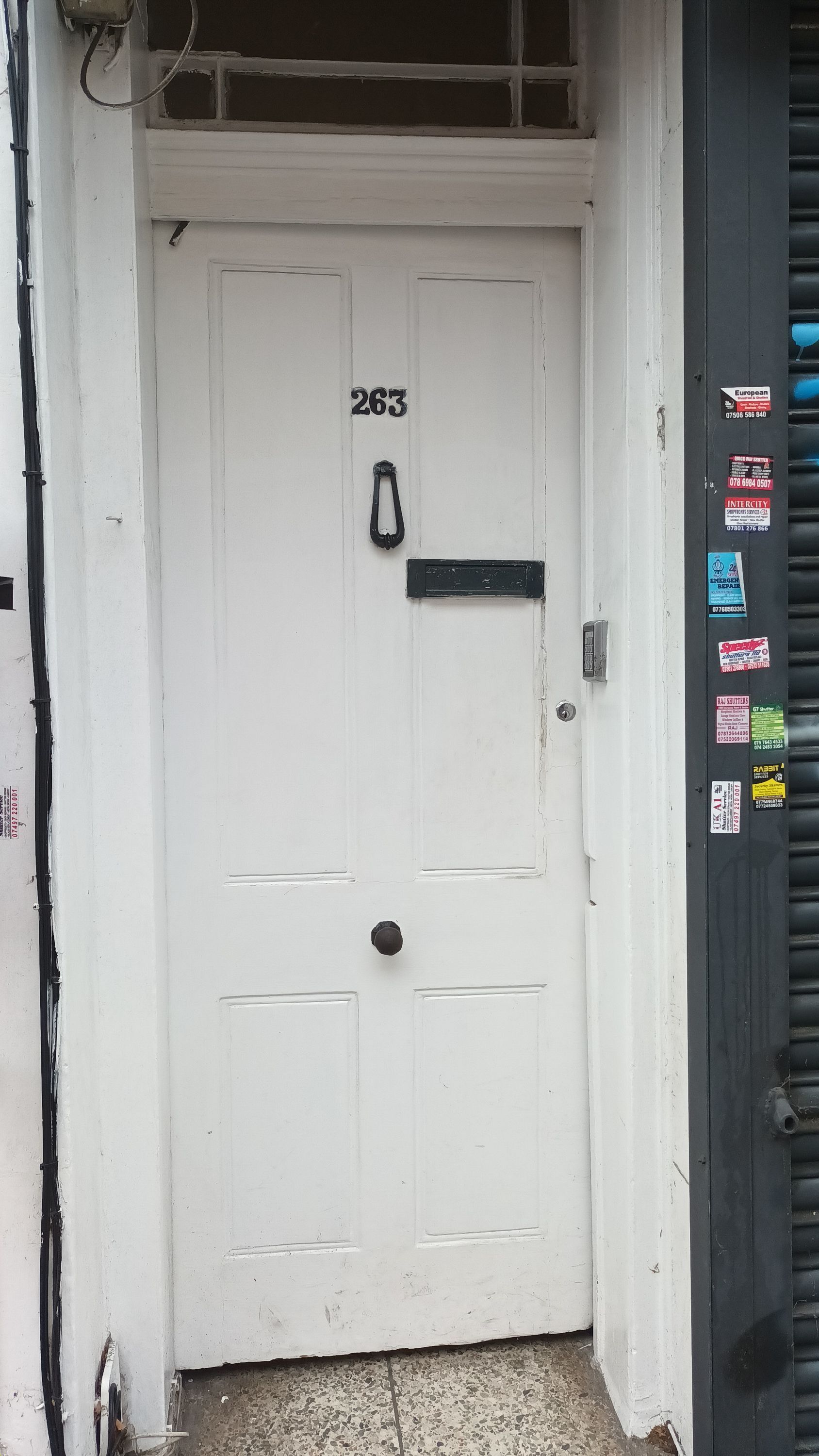 A white door with the number 263, a black mail slot, and a metal handle.