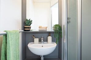 Un baño con lavamanos blanco, un espejo, toallero, un portalápices, dispensador de jabón y una planta en maceta.
