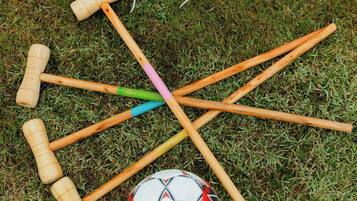 Un jeu de croquet avec un ballon de football sur l’herbe.