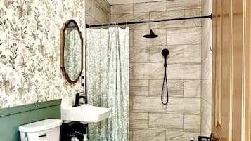 Hair dryer, towels, soap, shampoo