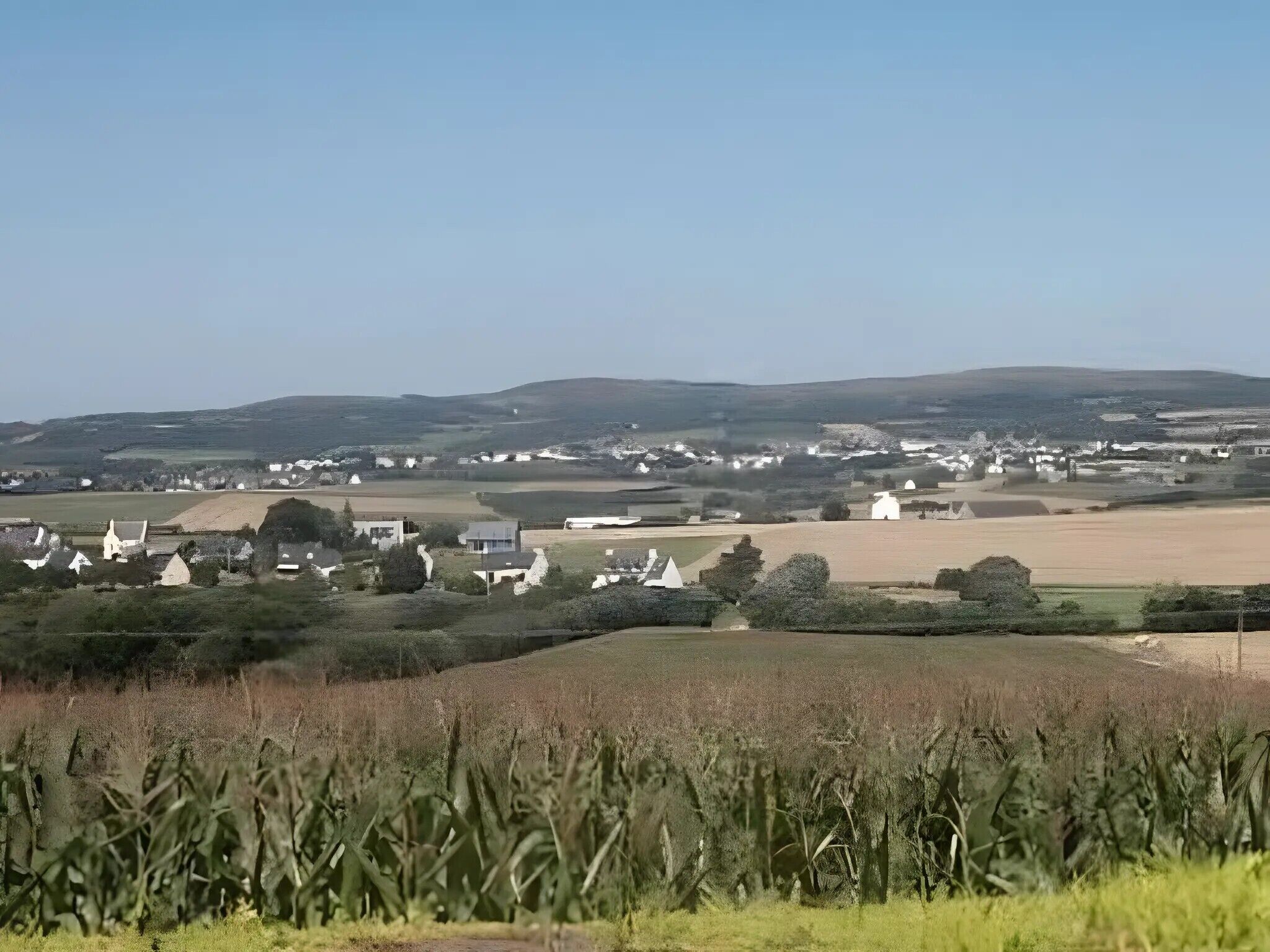 Paesaggio rurale con case sparse, campi e un mulino a vento.