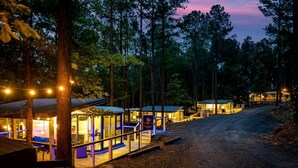 Une zone boisée comprenant une série de chalets reliés par un sentier.