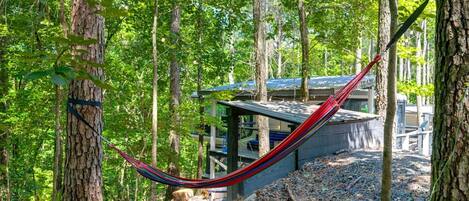 Una hamaca en un bosque, una cabaña con techo de metal y un edificio con fachada de vidrio.